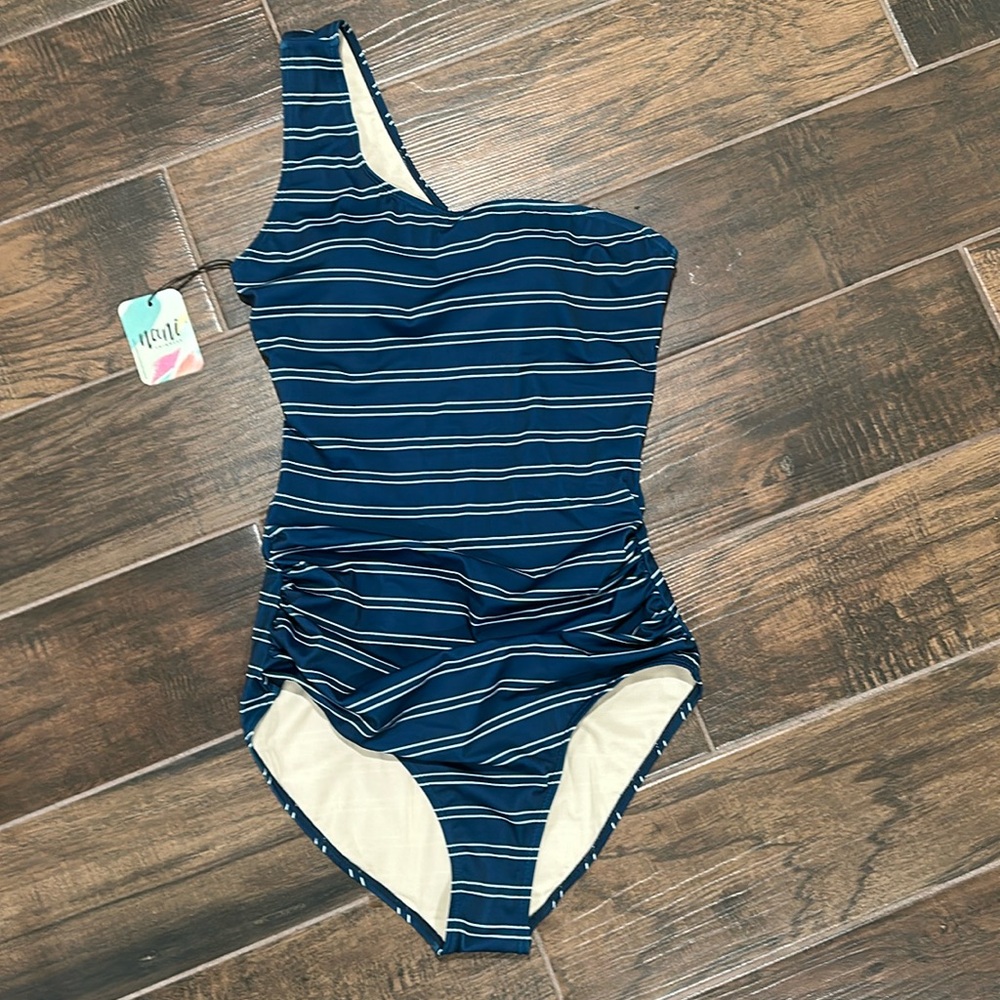 Very cute brand new striped one-shoulder navy/white one piece